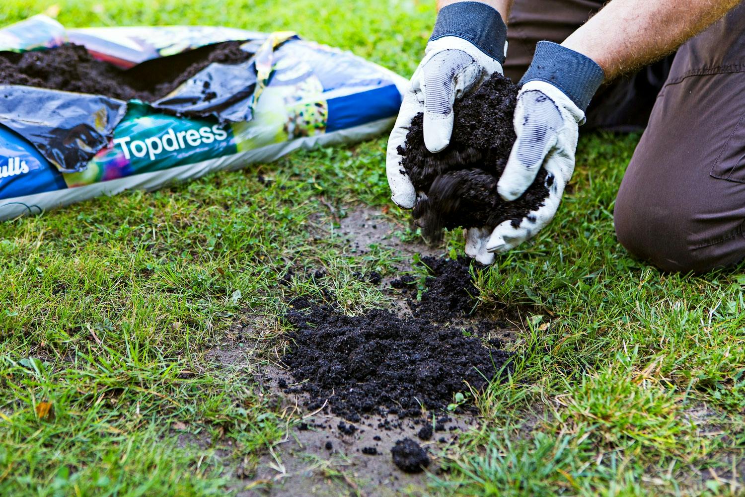 Bare pletter og lunker repareres med topdressing.