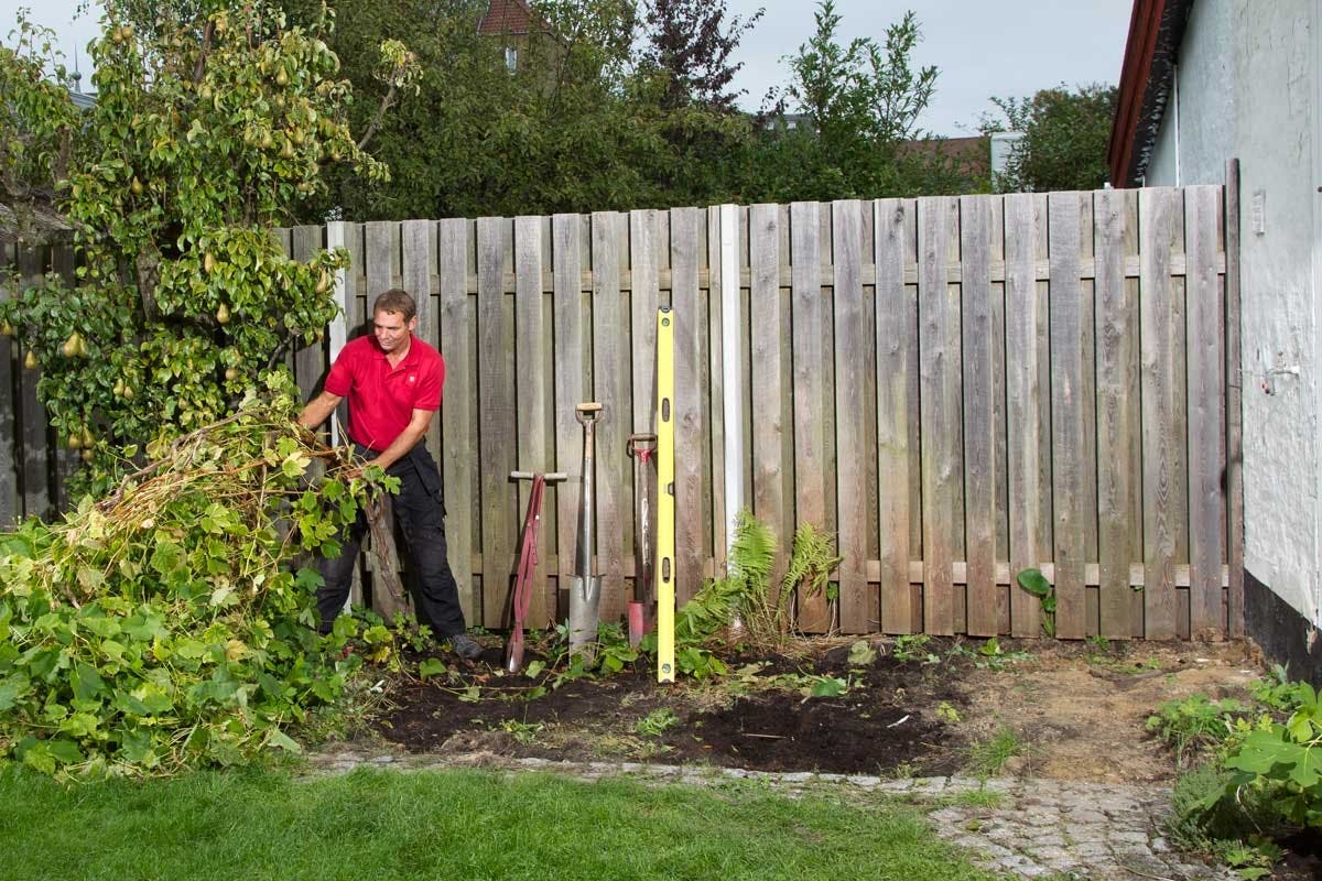 Husets gavel och planket till grannen utgör ett naturligt hörn för vår pergola.