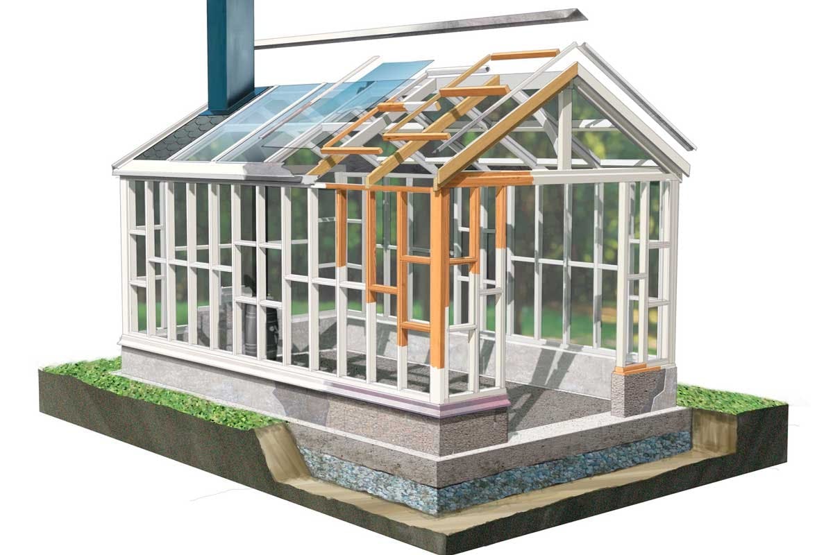 Slik ser konstruksjonen ut. Det flotte orangeriet måler 3 x 5 meter, og er tilpasset noen glass tømreren i dette tilfellet hadde fra før.