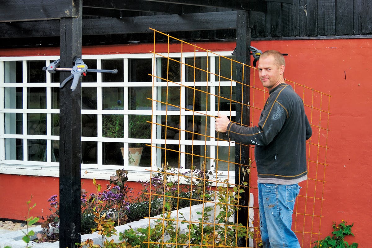 I den ene side lukker vi terrassen med rionet, som planterne kan kravle op ad. Det skaber hygge og gør, at man kan sidde mere ugeneret på terrassen.