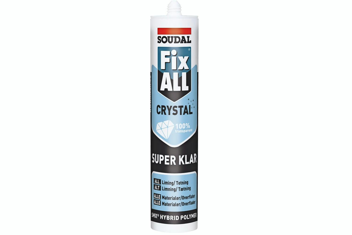 Supervahva tiivistysmassa Soudal Fix ALL Crystal Super Klar. <STRONG>Hinta: </STRONG> Noin 15 euroa useimmissa rautakaupoissa ja tavarataloissa.