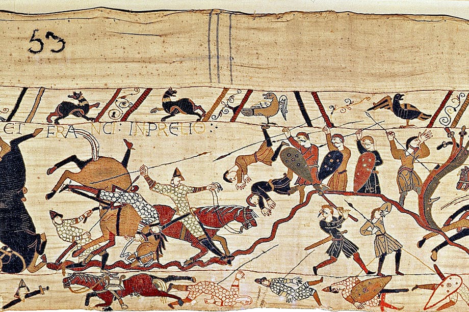 Bayeuxtapeten med scen från slaget vid Hastings 1066. Bayeuxtapeten med scen från slaget vid Hastings 1066.