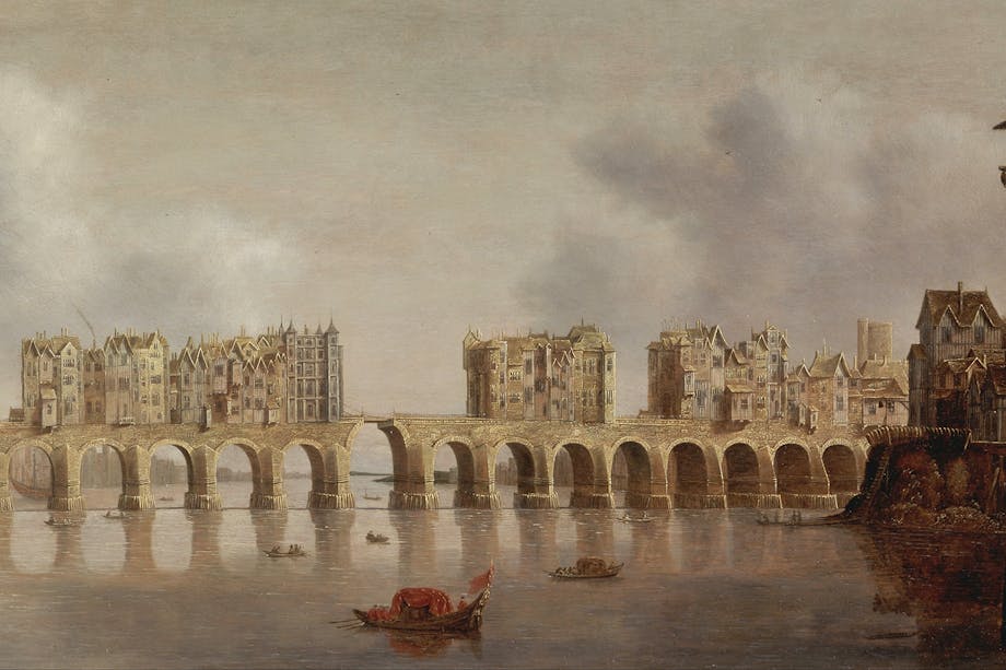 Den medeltida bron London Bridge skildrad i målning från 1630-talet. Den medeltida bron London Bridge skildrad i målning från 1630-talet.
