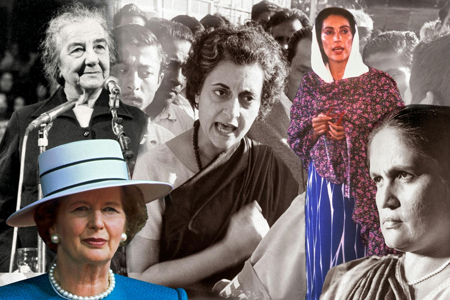 Collage med Golda Meir, Margaret Thatcher, Indira Gandhi, Benazir Bhutto och Sirimavo Bandaranaike, alla kvinnor som varit regeringschefer. Collage med Golda Meir, Margaret Thatcher, Indira Gandhi, Benazir Bhutto och Sirimavo Bandaranaike, alla kvinnor som varit regeringschefer.