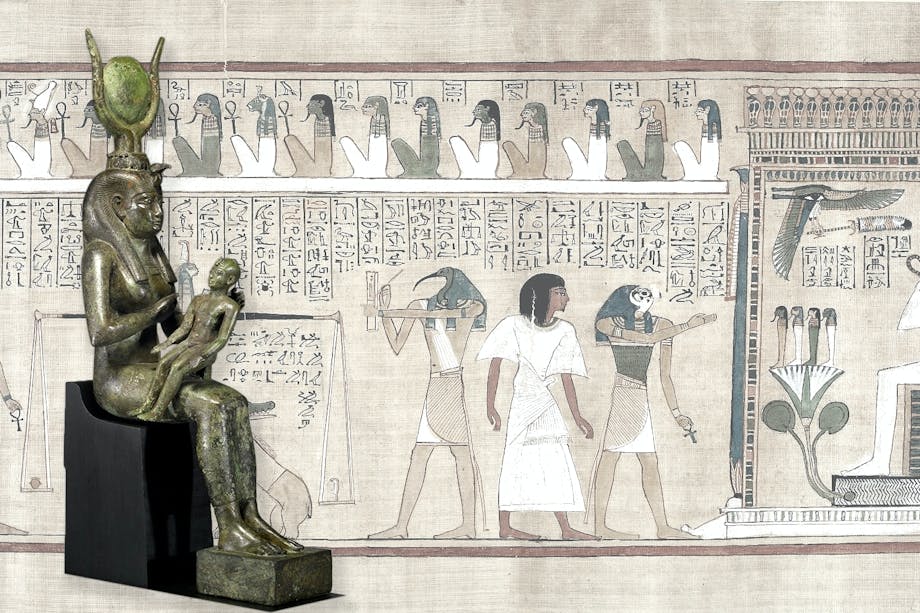 Statyett av den egyptiska guden Isis med sonen Horus i knät. Bakom bild ur De dödas bok med Thot. Statyett av den egyptiska guden Isis med sonen Horus i knät. Bakom bild ur De dödas bok med Thot.