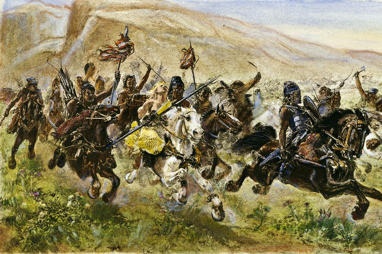 Attilas hunner i galopp på målning. Attilas hunner i galopp på målning.