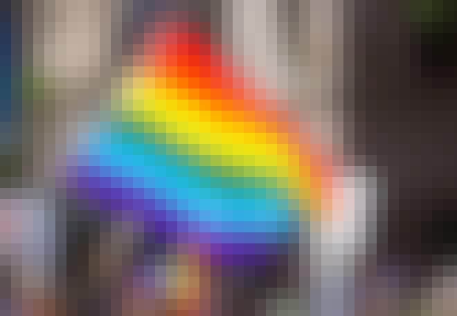 Regenboogvlag bij parade Regenboogvlag bij parade